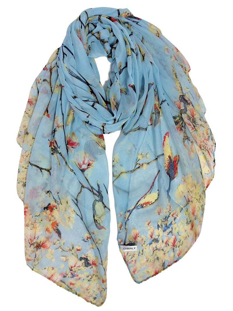 GERINLY Scarfs for Women Lightweight Birds Florals Scarves for Fall Outfits Accessories Head Wear Shawl - Image 1