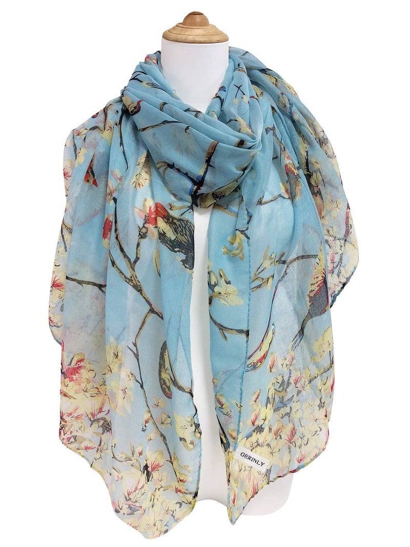 GERINLY Scarfs for Women Lightweight Birds Florals Scarves for Fall Outfits Accessories Head Wear Shawl - Image 2