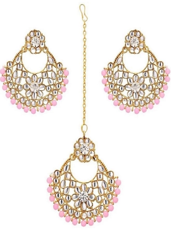 MONKDECOR Attractieve Earring With Mangtika Jewellary Set (D1 Mangtika-Light Pink) - Image 2