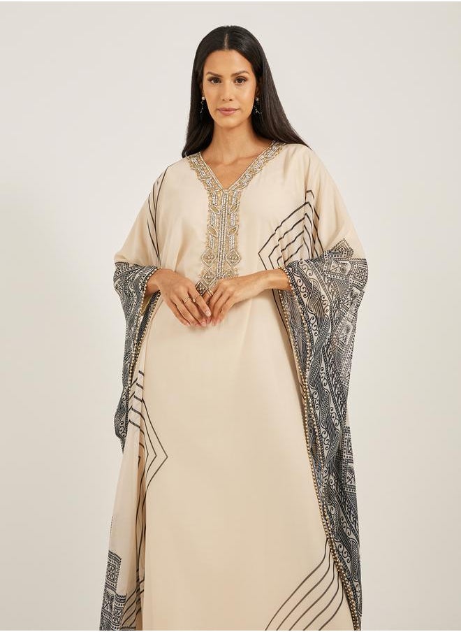 Maxim Creation Printed V-Neck Embroidered Kaftan by Styli  - Image 3
