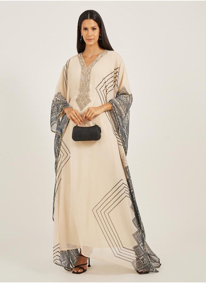 Maxim Creation Printed V-Neck Embroidered Kaftan by Styli  - Image 2