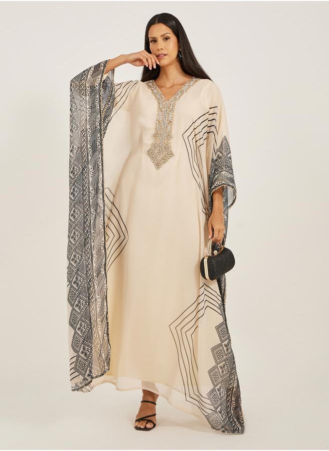 Maxim Creation Printed V-Neck Embroidered Kaftan by Styli  - Image 1