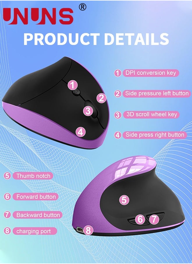 UNUNS - Ergonomic Mouse,Rechargeable Vertical Wireless Mouse,2.4GHz Wireless Optical Mice With USB Receiver,6 Buttons,3 Adjustable 800-1200-1600 DPI For Laptop Desktop PC MacBook,Purple - Image 1