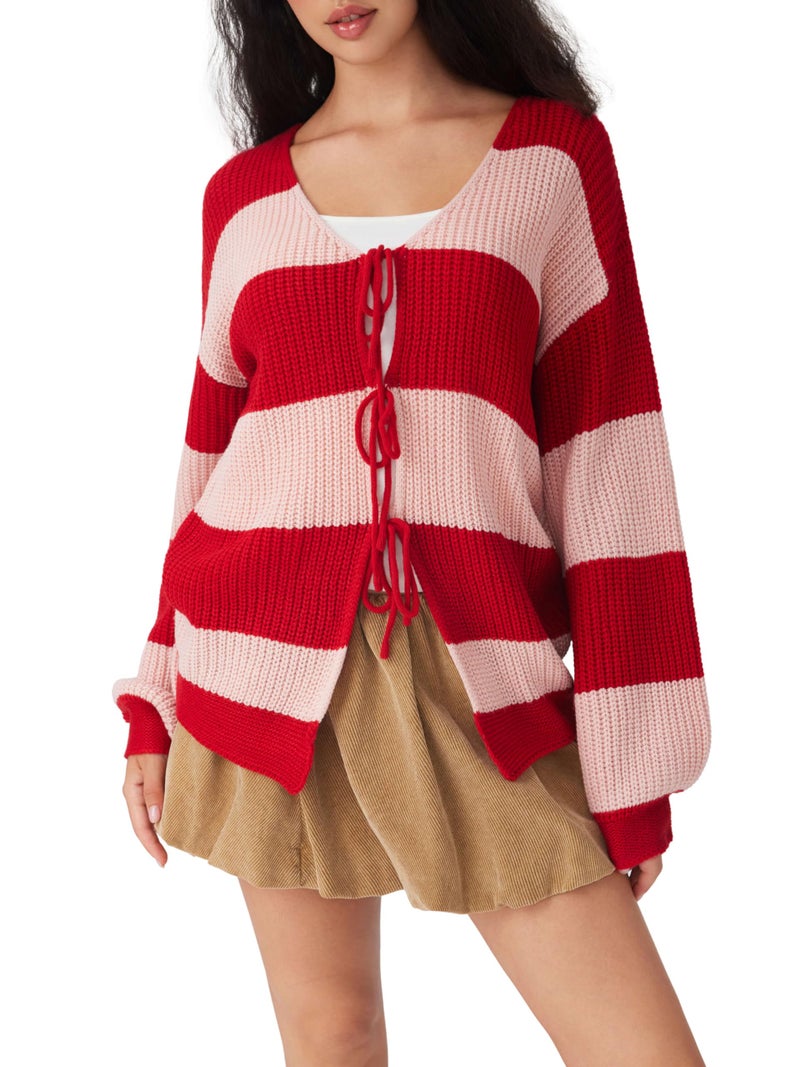 CIDER Cardigan Sweater for Women Tie Front Striped Long Sleeve V Neck Cute Y2k Fall Trendy Outfits Red - Image 2