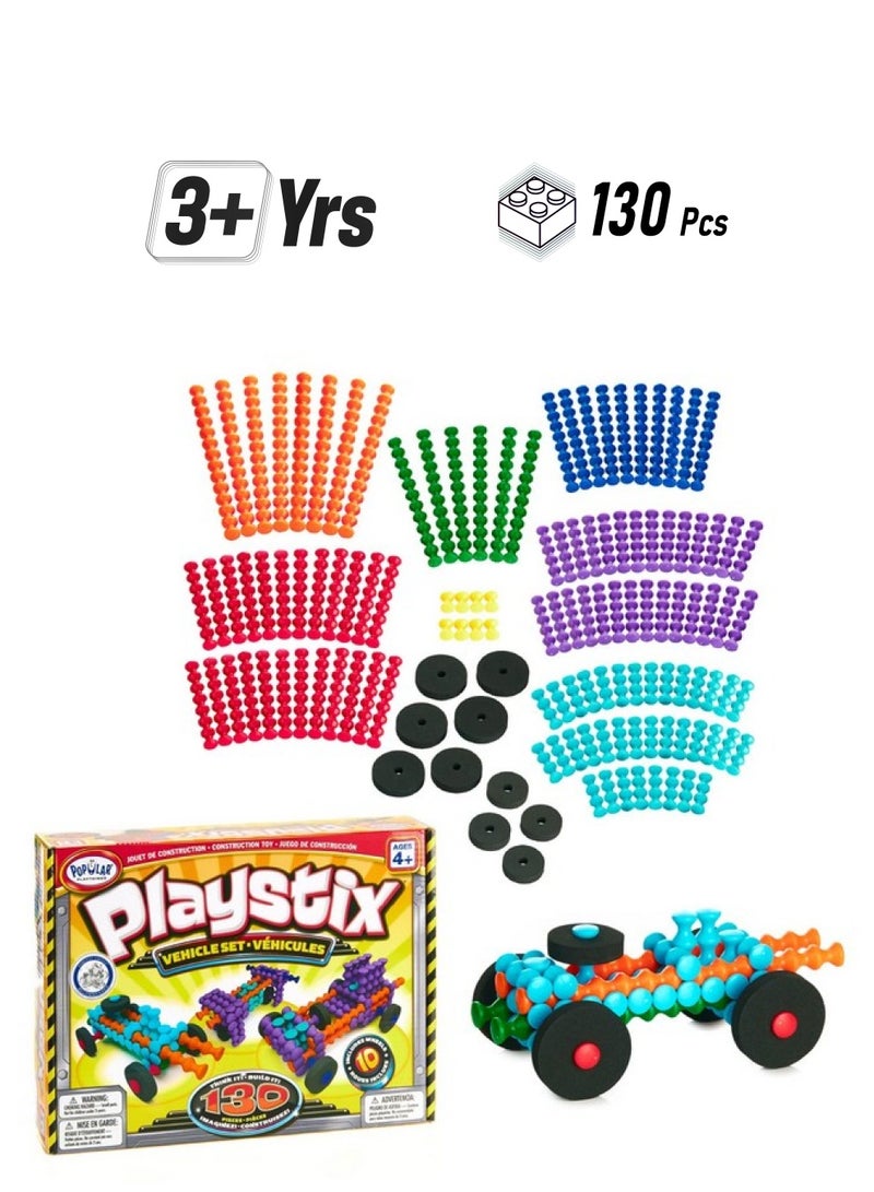 Popular Playthings Playstix Vehicles Set Construction Toy Building Blocks 130 Piece Kit - Image 1