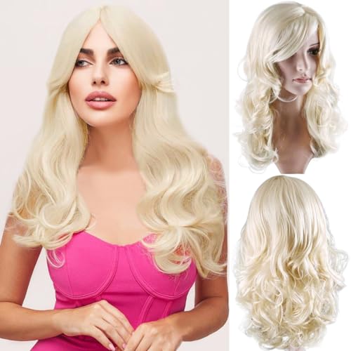BERON 24" Stylish Blonde Wig for Women Long Curly Wavy Light Blonde Wig with Bangs Synthetic Wavy Wigs Long Wigs for Daily Party - Image 3
