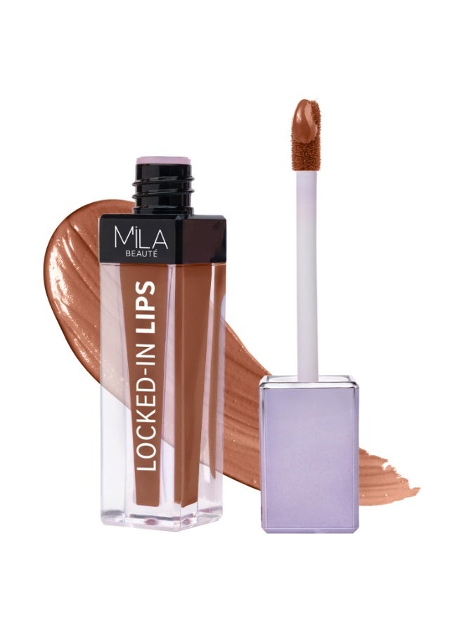 ميلا بيوتي أحمر شفاه سائل "Locked In Lips" من Mila Beauté – ثابت ولا يترك أثراً | ثبات يدوم 12 ساعة | لون غني ومرطب | تركيبة مقاومة للانتقال (لا تلطخ) مع حمض الهيالورونيك | انسيابية وسهولة في التطبيق - (درجة Milk Tea، 4.5 مل) - Image 1