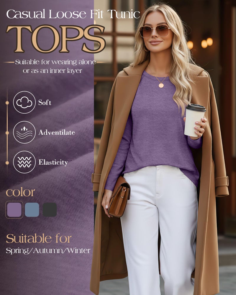 Ficerd 3 Pack Women's Long Sleeve T-Shirts Crew Neck Raglan Sleeve Casual Loose Fit Shirts Side Split Curved Hem Tunic Tops(Charcoal Gray, Haze Blue, Dusty Lavender,Large) - Image 2