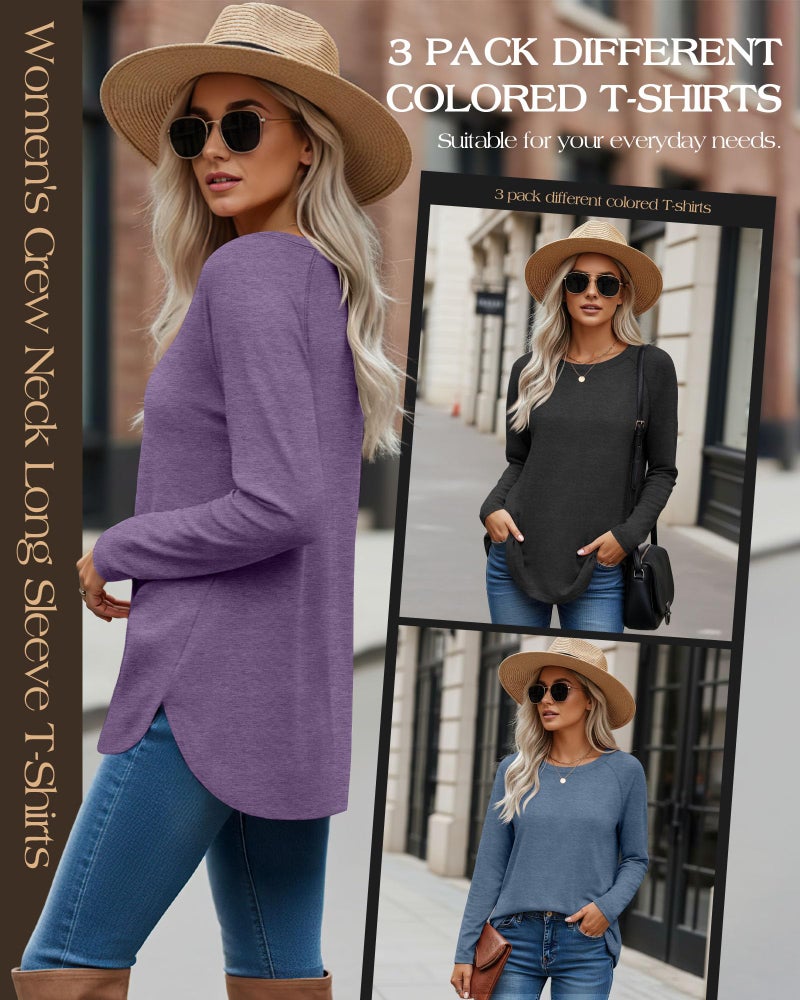 Ficerd 3 Pack Women's Long Sleeve T-Shirts Crew Neck Raglan Sleeve Casual Loose Fit Shirts Side Split Curved Hem Tunic Tops(Charcoal Gray, Haze Blue, Dusty Lavender,Large) - Image 3
