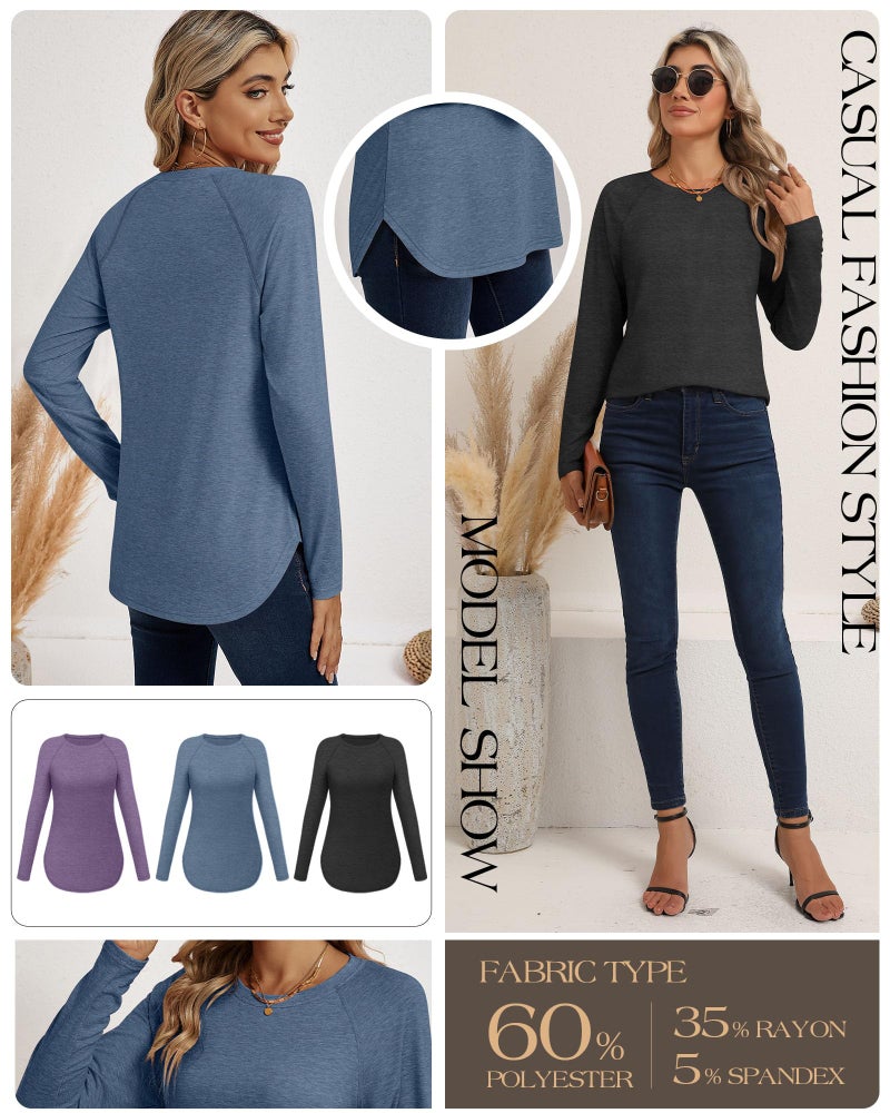 Ficerd 3 Pack Women's Long Sleeve T-Shirts Crew Neck Raglan Sleeve Casual Loose Fit Shirts Side Split Curved Hem Tunic Tops(Charcoal Gray, Haze Blue, Dusty Lavender,Large) - Image 4