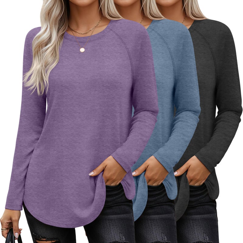 Ficerd 3 Pack Women's Long Sleeve T-Shirts Crew Neck Raglan Sleeve Casual Loose Fit Shirts Side Split Curved Hem Tunic Tops(Charcoal Gray, Haze Blue, Dusty Lavender,Large) - Image 1
