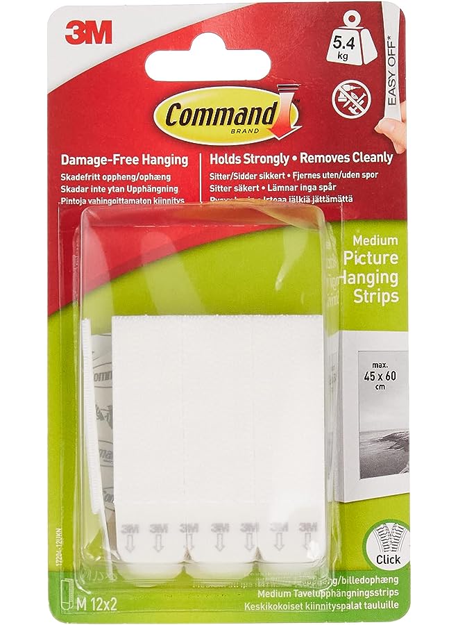 Command 17204-12PK Picture Hanging Strips Value Pack, Medium, Holds 5.4 Kg. whole pack, white color, Decorate Damage-Free, 12 pairs/pack - Image 1