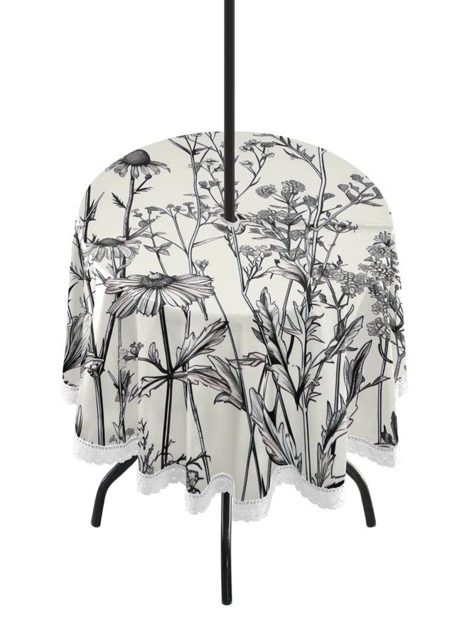 ATTX Outdoor Waterproof Black and White Flowers Round Tablecloth with Umbrella Hole Zipper for Camping, Patio, Picnic, Spring, Summer（60 Inch） - Image 1