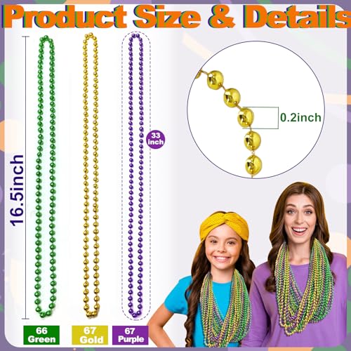 Camlinbo 200PCS Mardi Gras Beads 33 Bead Necklace Green Purple Gold Metallic Mardi Gras Beads Accessories Bulk for Carnival Parade Throws Party Decorations Supplies Favors - Image 5