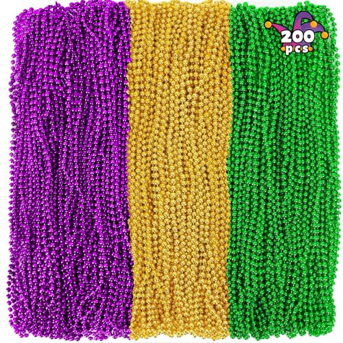 Camlinbo 200PCS Mardi Gras Beads 33 Bead Necklace Green Purple Gold Metallic Mardi Gras Beads Accessories Bulk for Carnival Parade Throws Party Decorations Supplies Favors - Image 1