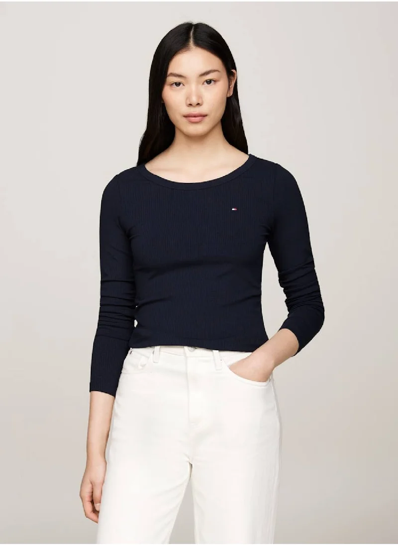 TOMMY HILFIGER Women's Boat Neck Slim Long Sleeve T-Shirt, Blue - Viscose