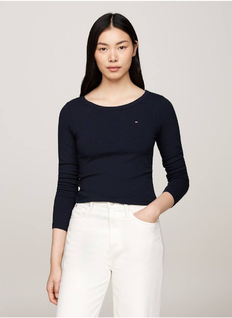 TOMMY HILFIGER Women's Boat Neck Slim Long Sleeve T-Shirt, Blue - Viscose  - Image 1