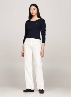 TOMMY HILFIGER Women's Boat Neck Slim Long Sleeve T-Shirt, Blue - Viscose  - Image 5
