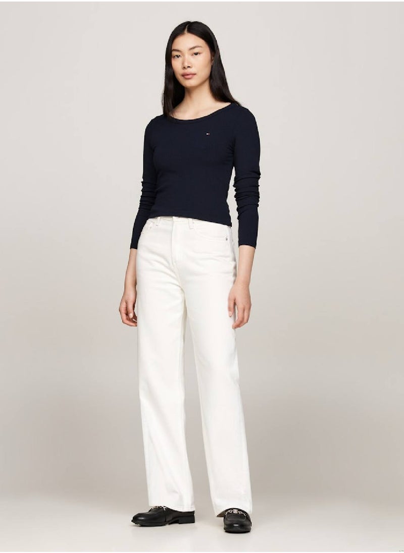 TOMMY HILFIGER Women's Boat Neck Slim Long Sleeve T-Shirt, Blue - Viscose  - Image 5