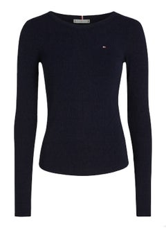 TOMMY HILFIGER Women's Boat Neck Slim Long Sleeve T-Shirt, Blue - Viscose  - Image 2