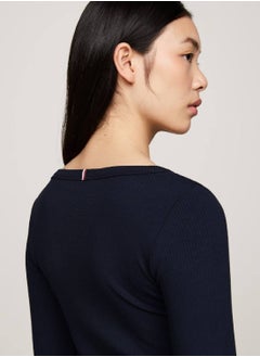 TOMMY HILFIGER Women's Boat Neck Slim Long Sleeve T-Shirt, Blue - Viscose  - Image 4