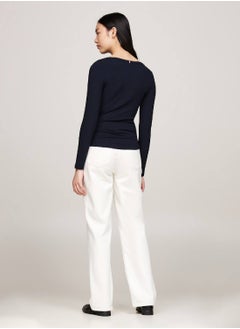 TOMMY HILFIGER Women's Boat Neck Slim Long Sleeve T-Shirt, Blue - Viscose  - Image 3