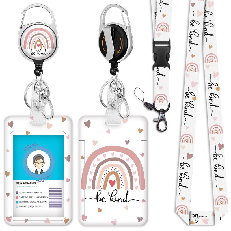 Be Kind Lanyards for Id Badges, Cute Rainbow Badge Reel Heavy Duty with Carabiner Clip, Fashionable ID Badge Holder with Breakaway Lanyard, Teacher Nurse Office Gifts