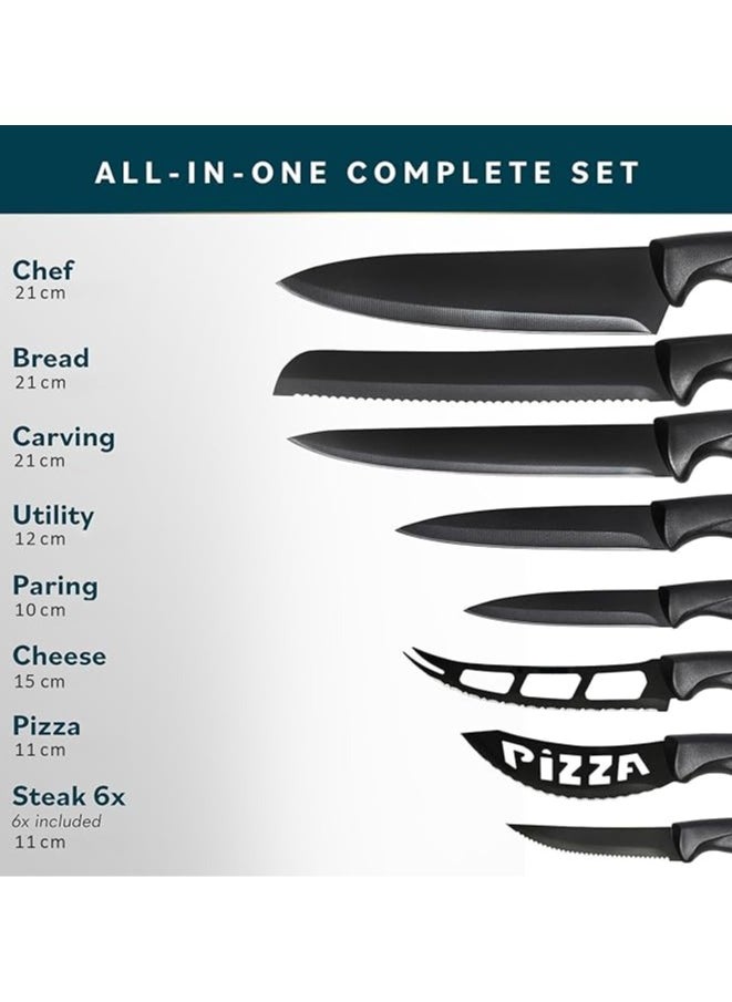 Taizz Ventures - 17 Pcs Kitchen Knife Set with Sharpener - High Carbon Stainless Steel Knife Block Set with Ergonomic Handles - Black - Image 1
