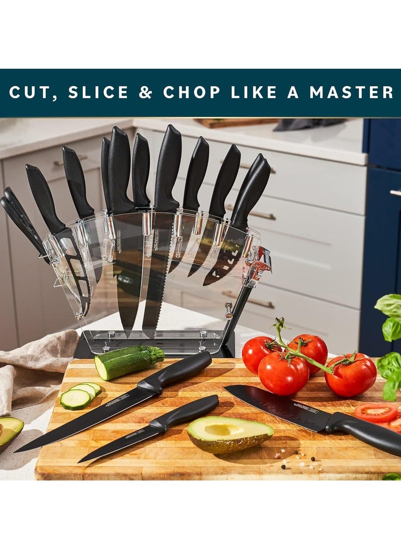 Taizz Ventures - 17 Pcs Kitchen Knife Set with Sharpener - High Carbon Stainless Steel Knife Block Set with Ergonomic Handles - Black - Image 1