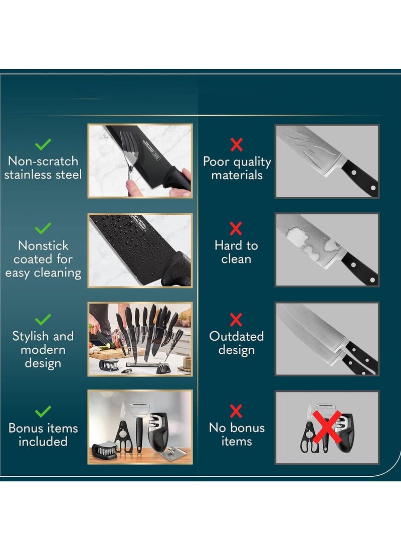 Taizz Ventures - 17 Pcs Kitchen Knife Set with Sharpener - High Carbon Stainless Steel Knife Block Set with Ergonomic Handles - Black - Image 1
