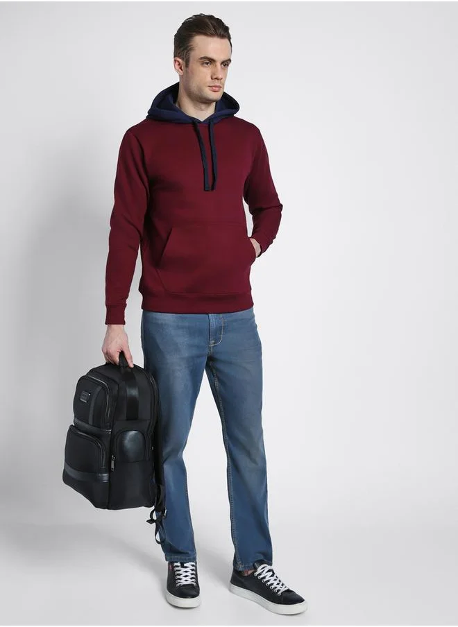 دينيس لينغو Regular Fit Maroon Solid Hooded Sweatshirt for Men - Polycotton, Full Sleeves