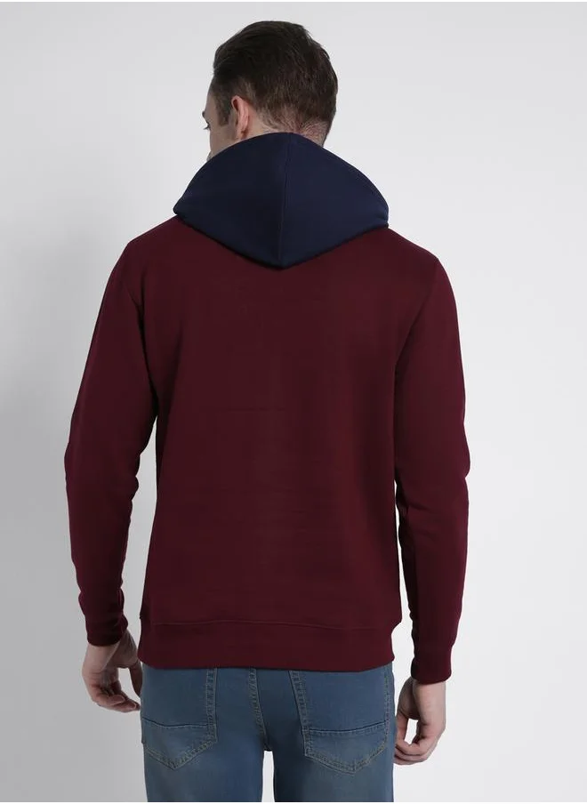 دينيس لينغو Regular Fit Maroon Solid Hooded Sweatshirt for Men - Polycotton, Full Sleeves