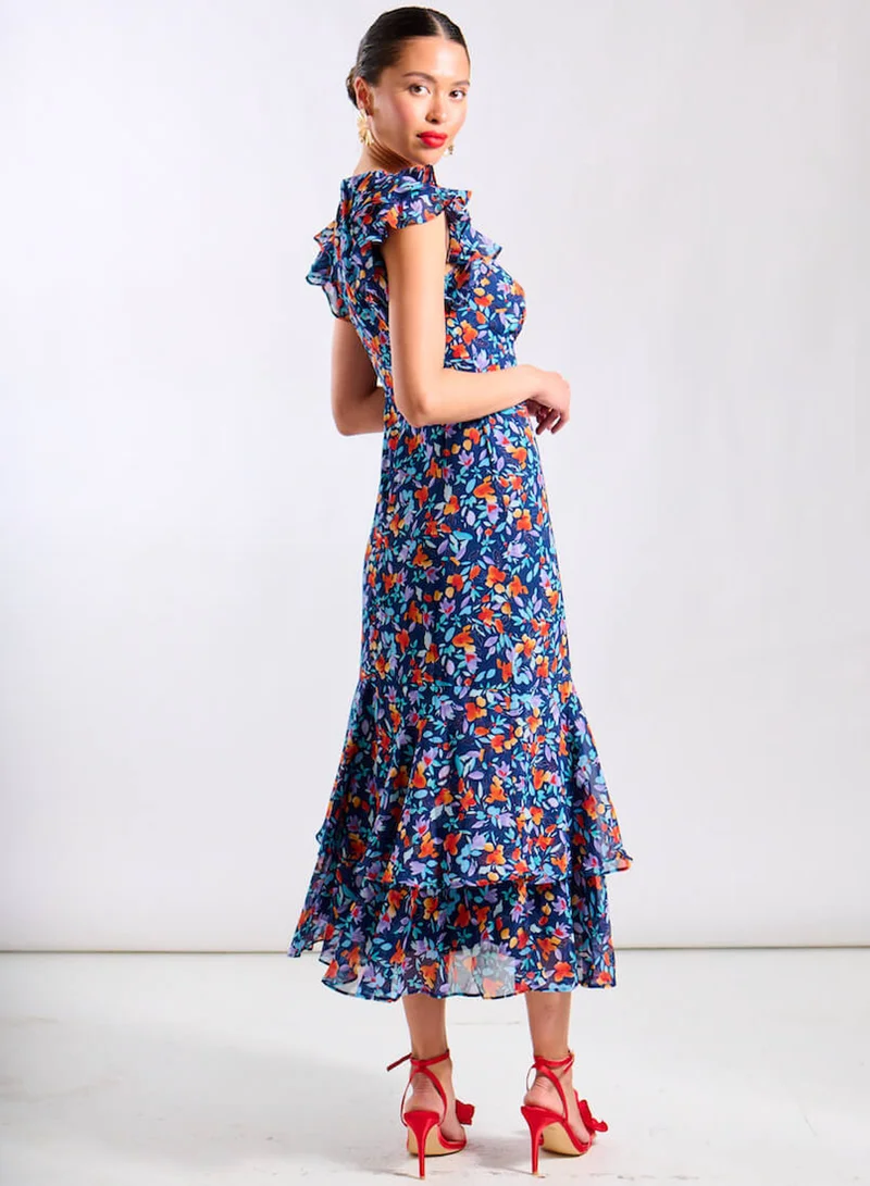 Needs No Label  Blue Floral Ruffle Midi Dress for Women | Best Price UAE
