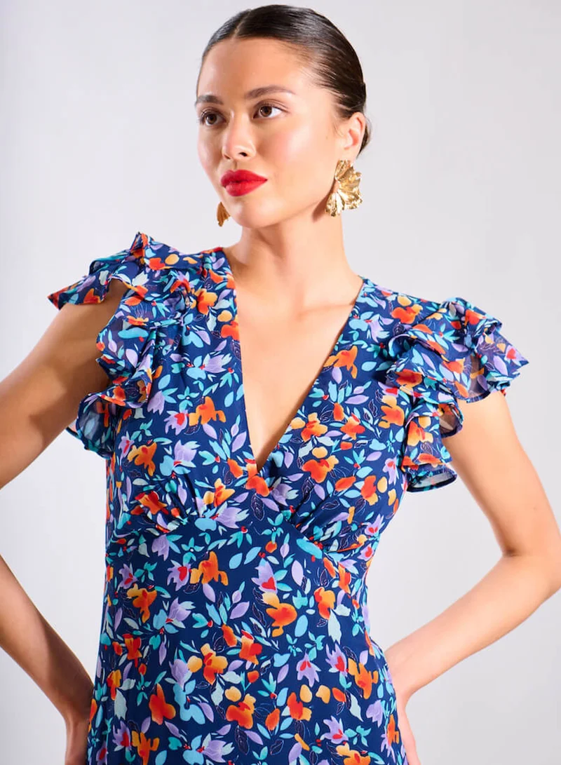 Needs No Label  Blue Floral Ruffle Midi Dress for Women | Best Price UAE