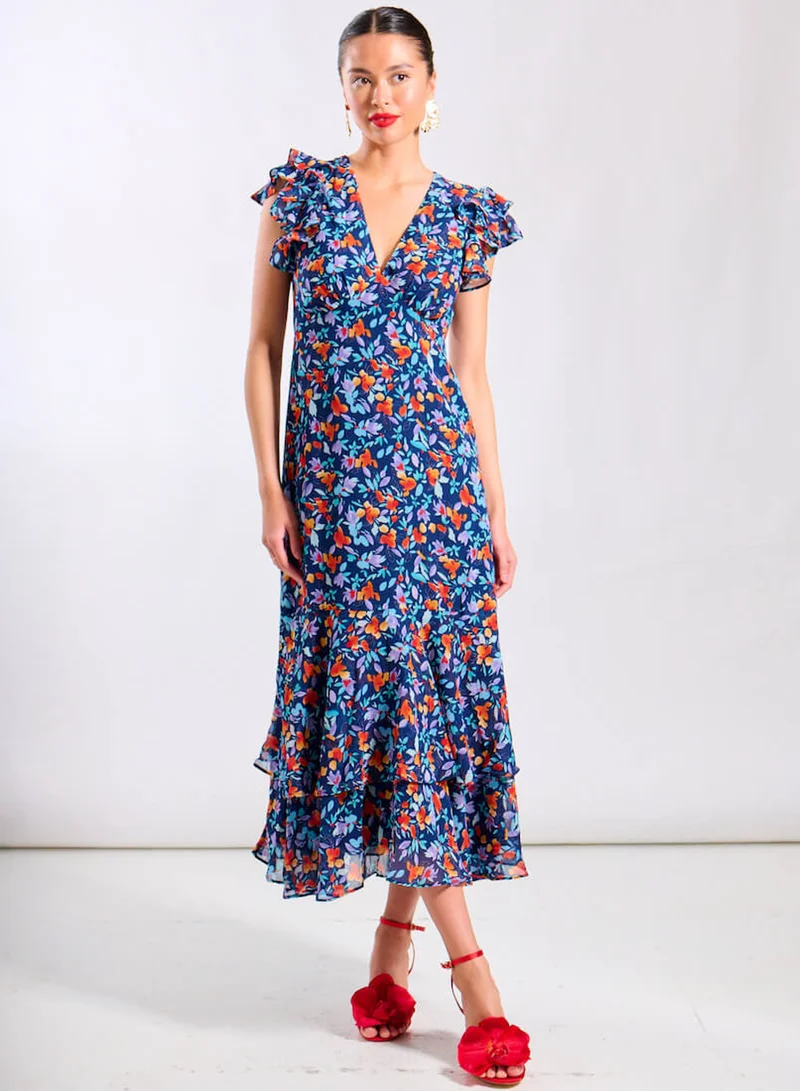 Blue Floral Ruffle Midi Dress