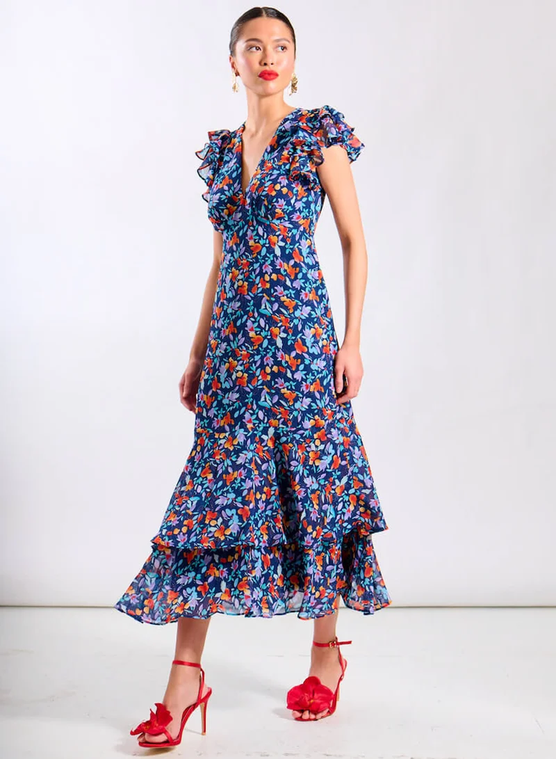 Needs No Label  Blue Floral Ruffle Midi Dress for Women | Best Price UAE