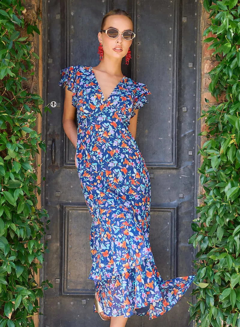 Needs No Label  Blue Floral Ruffle Midi Dress for Women | Best Price UAE
