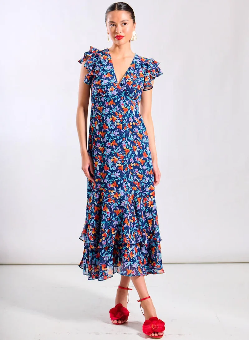 نيدز نو ليبل Blue Floral Ruffle Midi Dress
