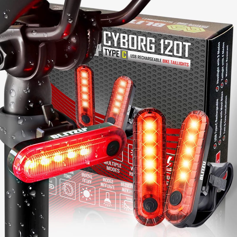 BLITZU 2024 USB-C Rechargeable Bike Tail Light 2 Pack, Cyborg 120T Bright Red LED Bicycle Rear Light, Waterproof Helmet Lights, Cycling Flashlight Safety Reflectors Accessories, Fits Adult, Kids MTB - Image 1