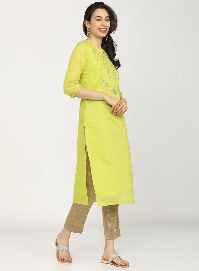 Vishudh Women Lime Green Embroidered Kurta by Styli