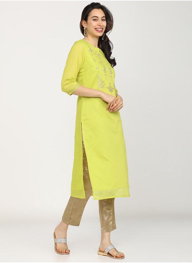 Vishudh - Women Lime Green Embroidered Kurta by Styli - Image 1