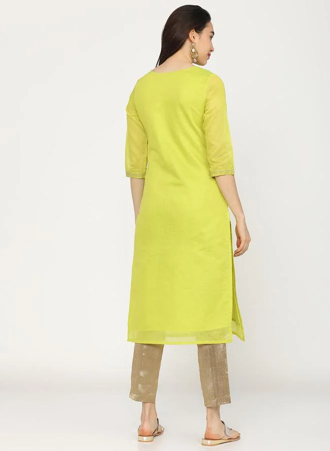 Vishudh Women Lime Green Embroidered Kurta by Styli