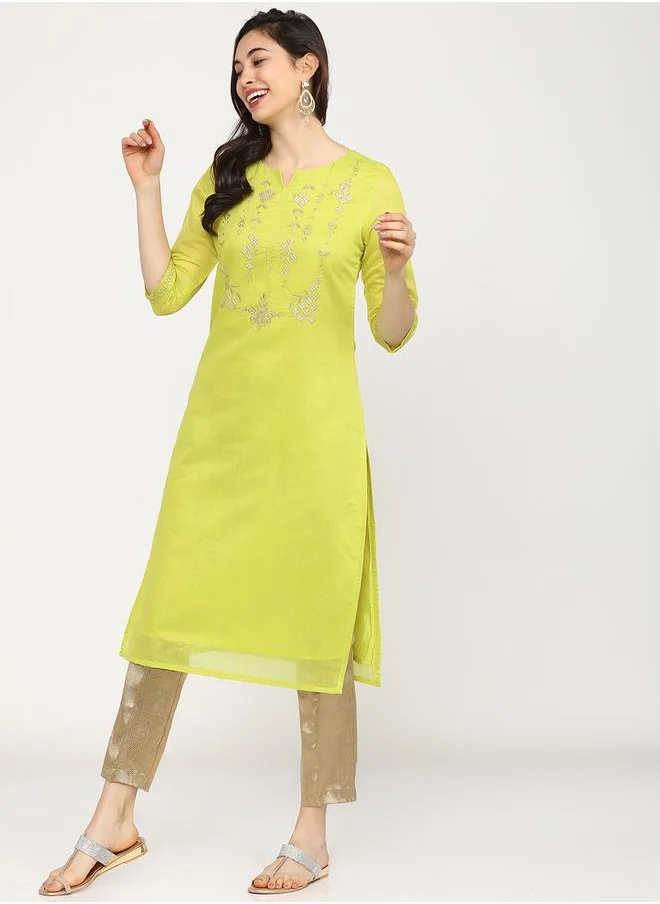 فيشود Women Lime Green Embroidered Kurta by Styli