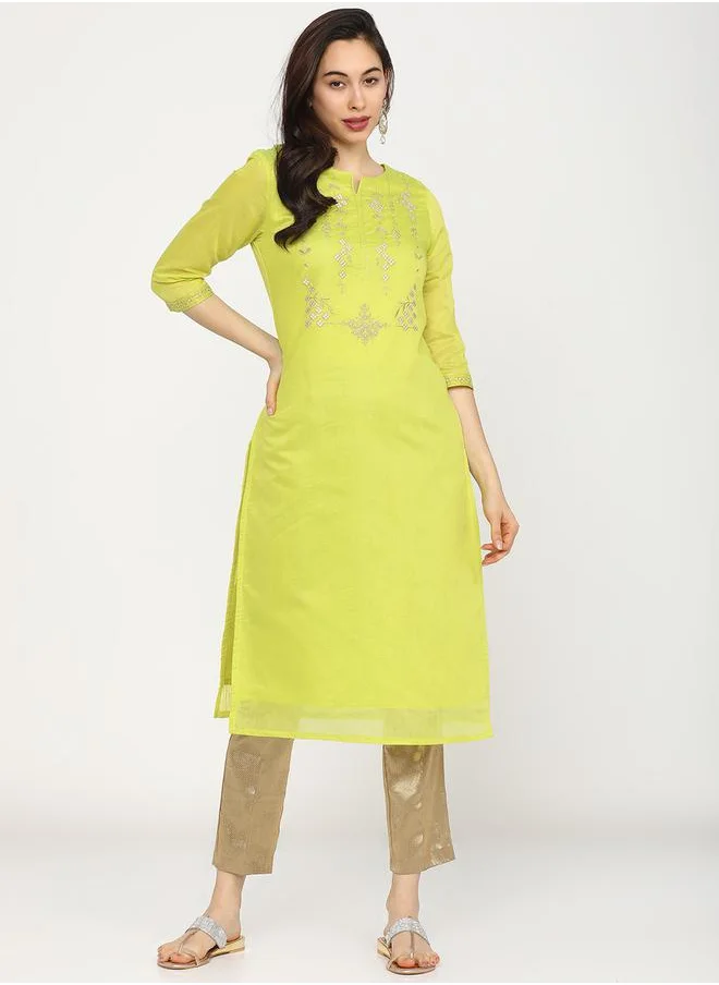 فيشود Women Lime Green Embroidered Kurta by Styli