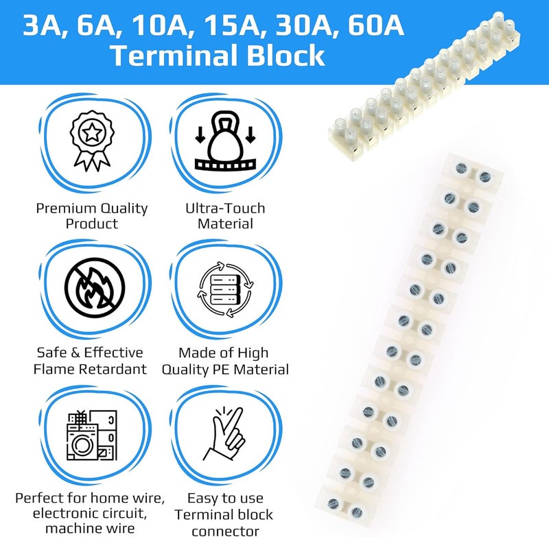 Keple 3A Amp Terminal Block, 12 Way Electrical Terminals, White Nylon Electrical Connector Strips, Chocolate Chock Blocks for Wire Connecting/Joining Cables, Dual Row 12 Piece Position Wire - Image 4