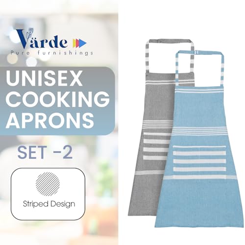 Värde 2 Pcs Unisex Cooking Aprons | Spillproof Layer | Striped Design with 2 Front Pockets & Free Size Neck Strap | Durable, Oil & Stain Resistant | Chef Apron for Cooking (Hit Grey & Rock Blue) - Image 2