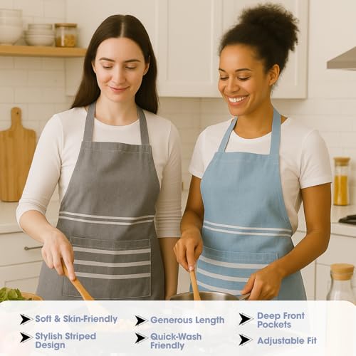 Värde 2 Pcs Unisex Cooking Aprons | Spillproof Layer | Striped Design with 2 Front Pockets & Free Size Neck Strap | Durable, Oil & Stain Resistant | Chef Apron for Cooking (Hit Grey & Rock Blue) - Image 5