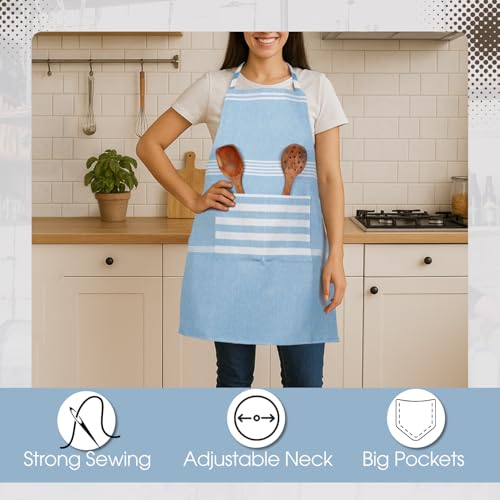 Värde 2 Pcs Unisex Cooking Aprons | Spillproof Layer | Striped Design with 2 Front Pockets & Free Size Neck Strap | Durable, Oil & Stain Resistant | Chef Apron for Cooking (Hit Grey & Rock Blue) - Image 3