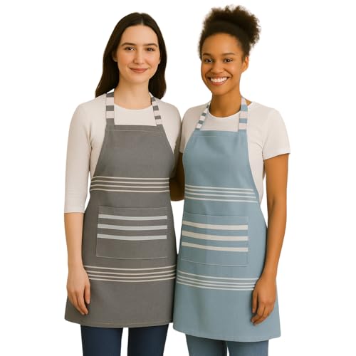 Värde 2 Pcs Unisex Cooking Aprons | Spillproof Layer | Striped Design with 2 Front Pockets & Free Size Neck Strap | Durable, Oil & Stain Resistant | Chef Apron for Cooking (Hit Grey & Rock Blue) - Image 1