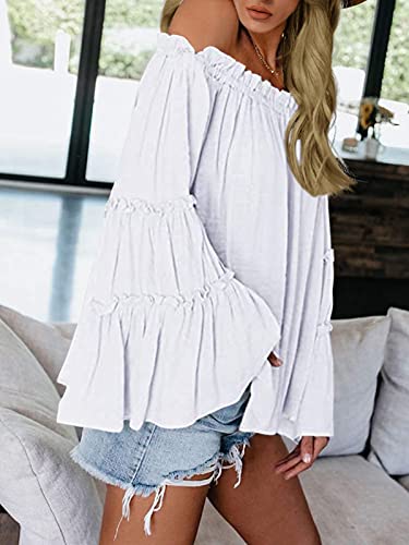Farktop Womens Off The Shoulder Long Bell Sleeve Tops Flared Casual Loose Blouse (Z White, Small) - Image 3